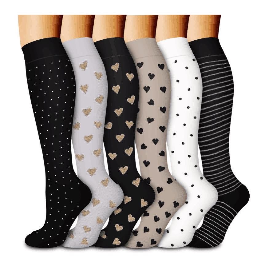 Heart Polka Dot Stripes Compression Socks(6 Pairs) - image 0