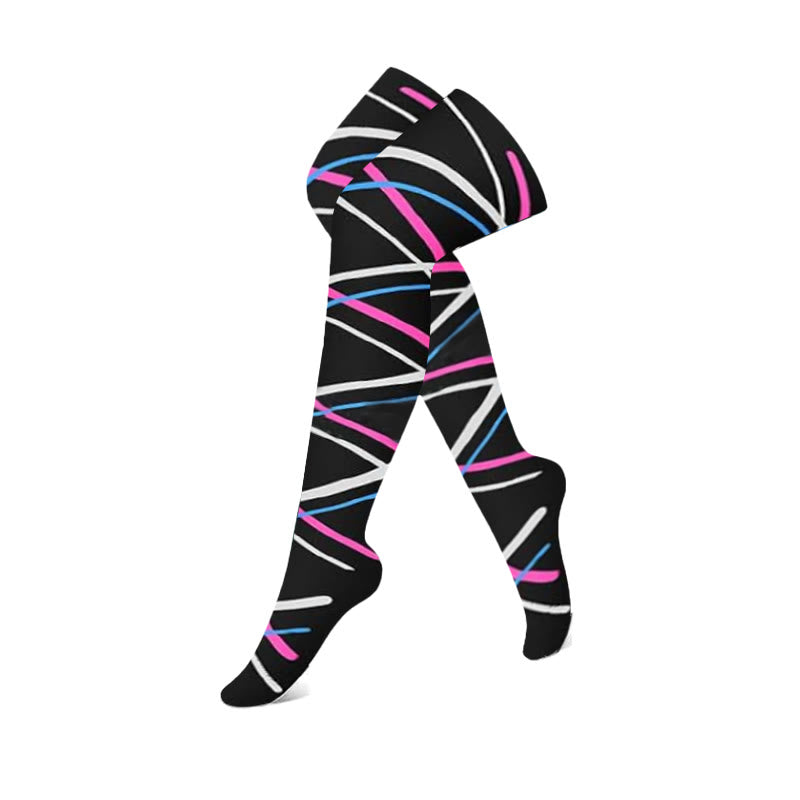 Black Pink Colorblock Thigh High Compression Socks(3 Pairs) - Stripe - S/M - image 3