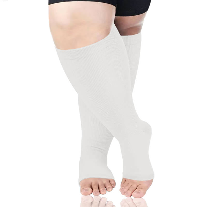 Plus Size Solid Color Open Toe Compression Socks(3 Pairs) - White - 4XL - image 5