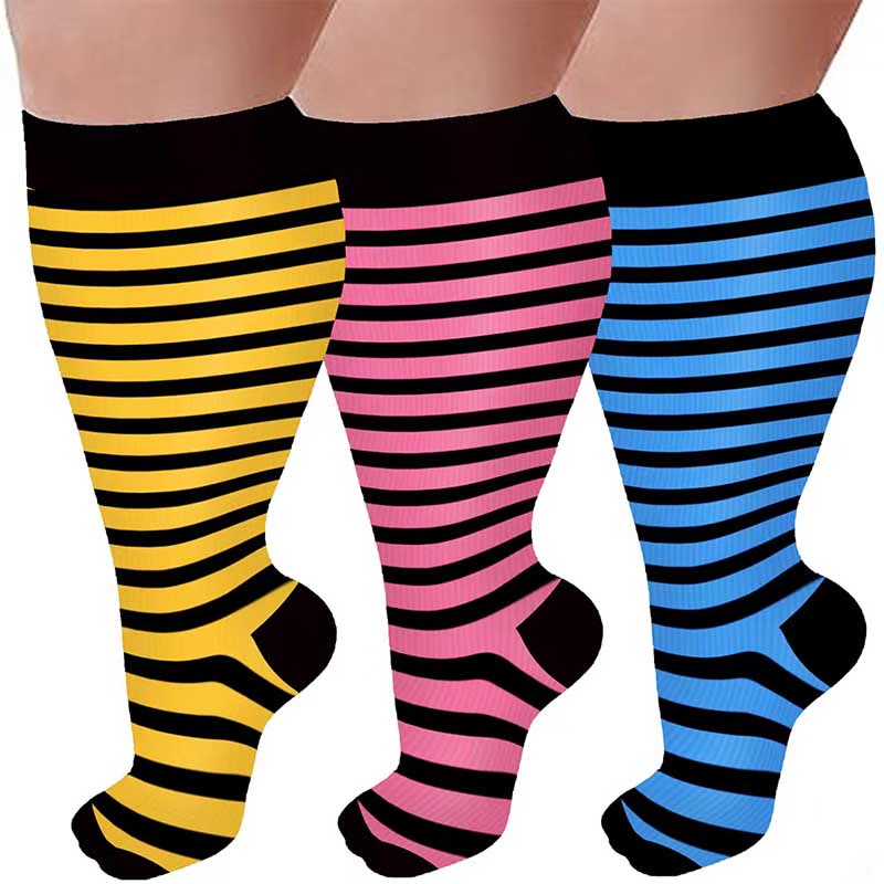 Plus Size Pink Blue Yellow Strieps Compression Socks - image 5