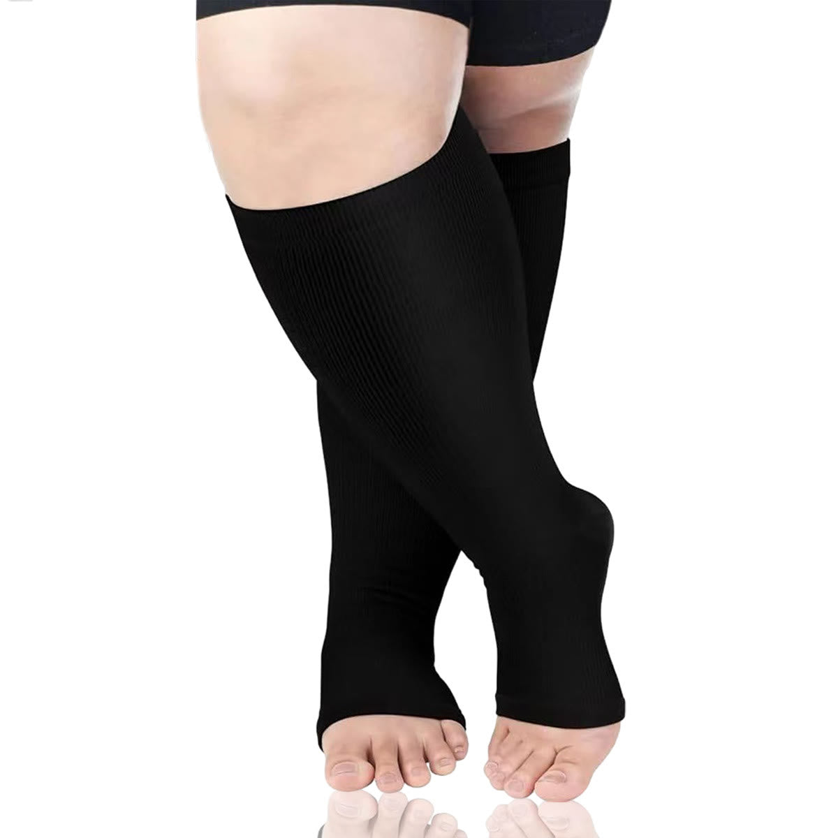 Plus Size Solid Color Open Toe Compression Socks(3 Pairs) - Black - 4XL - image 3