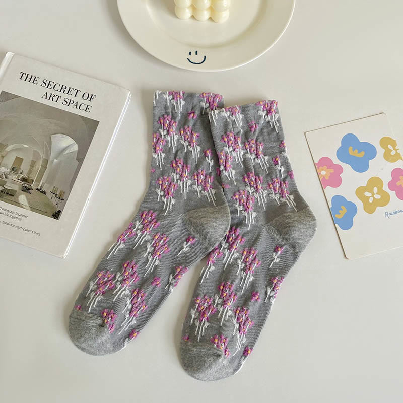 Floral Retro Quarter Socks(5 Pairs) - Grey - EU36-40(US3-7) - image 13