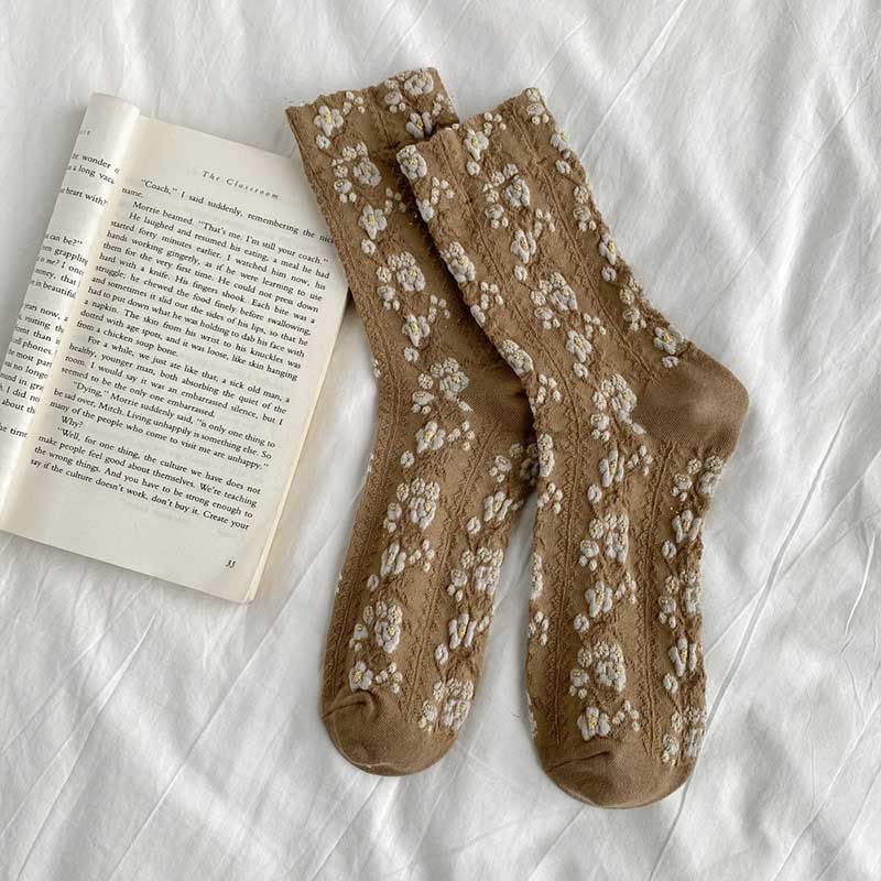 Retro Flowers Quarter Socks(5 Pairs) - Khaki - EU36-40(US3-7) - image 12
