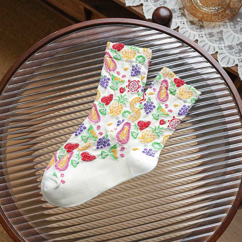 Fruit Print Quarter Socks(5 Pairs) - White - EU36-40(US3-7) - image 8