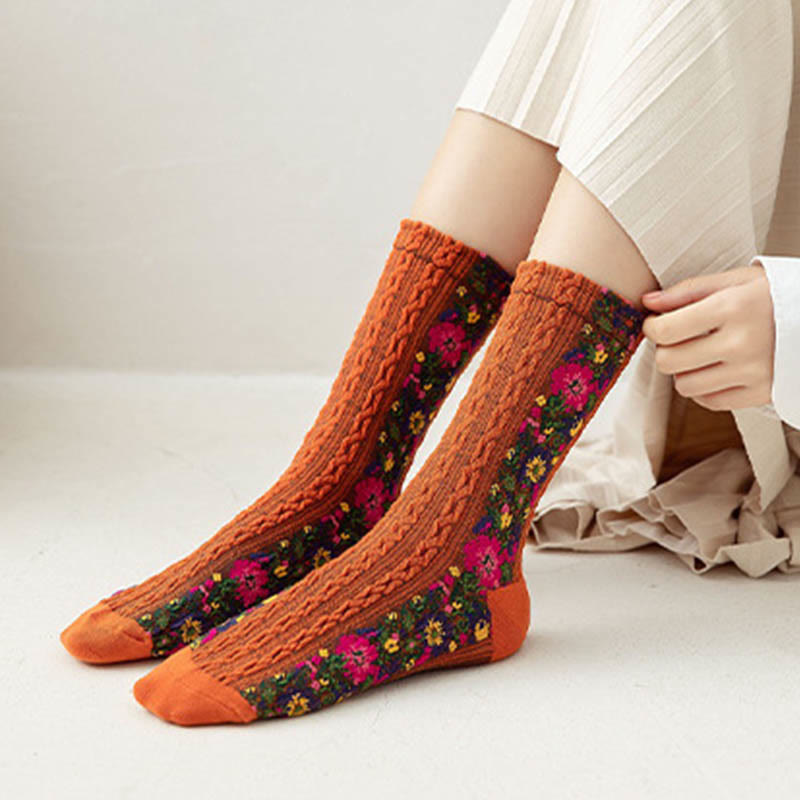 Folk Style Floral Quarter Socks(5 Pairs) - image 8