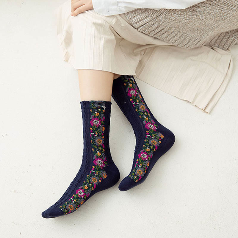 Folk Style Floral Quarter Socks(5 Pairs) - image 3