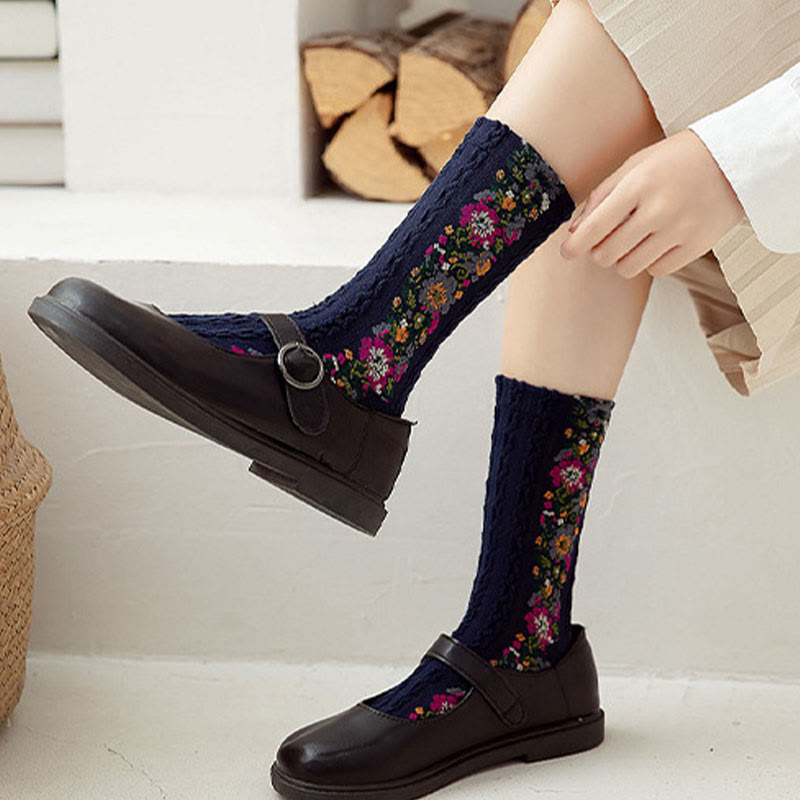 Folk Style Floral Quarter Socks(5 Pairs) - image 5