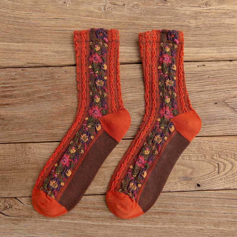 Folk Style Floral Quarter Socks(5 Pairs) - Orange - EU36-40(US3-7) - image 11