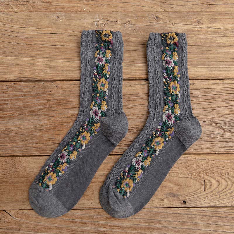 Folk Style Floral Quarter Socks(5 Pairs) - Dark Grey - EU36-40(US3-7) - image 12
