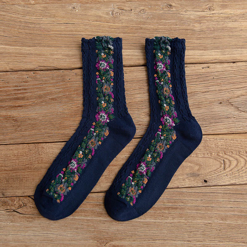 Folk Style Floral Quarter Socks(5 Pairs) - Navy Blue - EU36-40(US3-7) - image 13