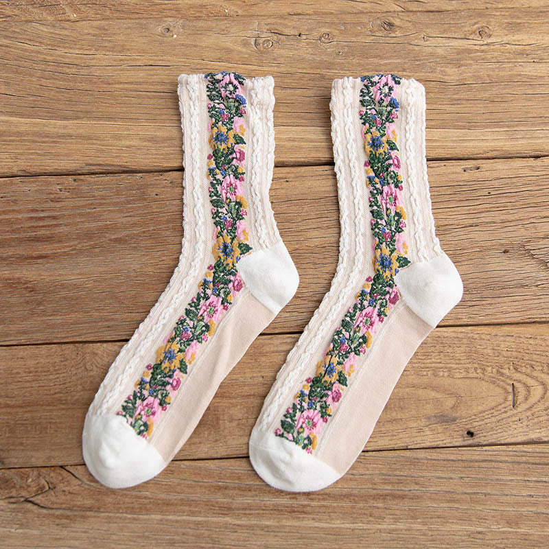 Folk Style Floral Quarter Socks(5 Pairs) - White - EU36-40(US3-7) - image 15