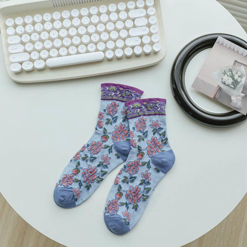 Floral Relief Quarter Socks(5 Pairs) - Blue - EU36-40(US3-7) - image 9