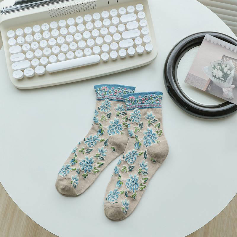 Floral Relief Quarter Socks(5 Pairs) - Khaki - EU36-40(US3-7) - image 11