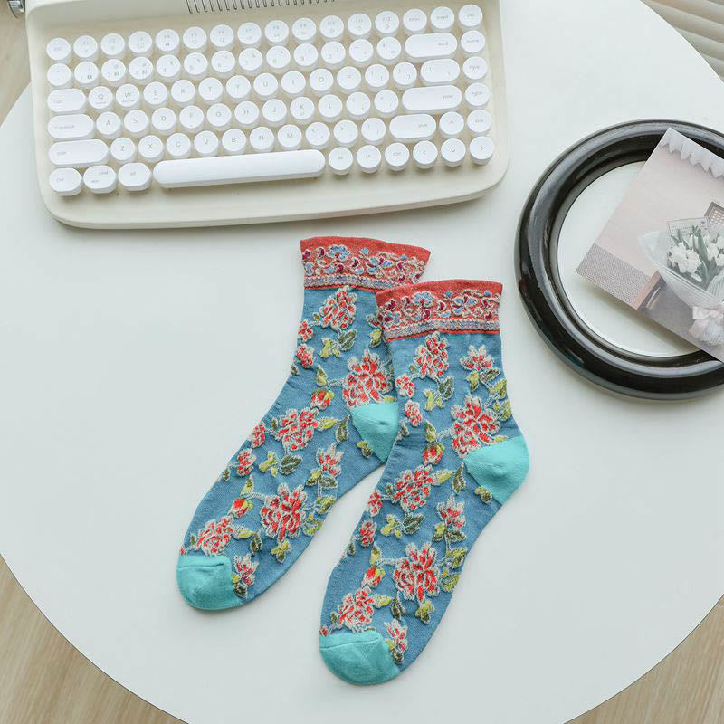 Floral Relief Quarter Socks(5 Pairs) - Green - EU36-40(US3-7) - image 10
