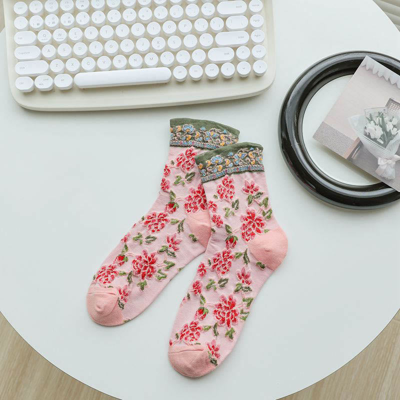 Floral Relief Quarter Socks(5 Pairs) - Pink - EU36-40(US3-7) - image 12