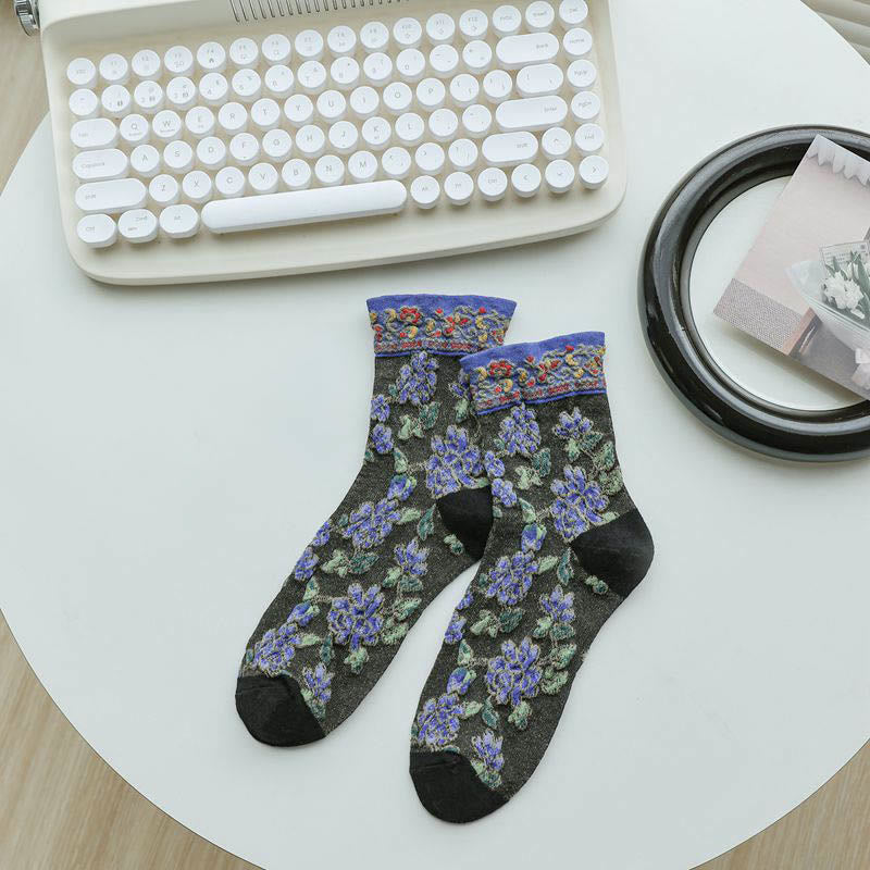 Floral Relief Quarter Socks(5 Pairs) - Black - EU36-40(US3-7) - image 8