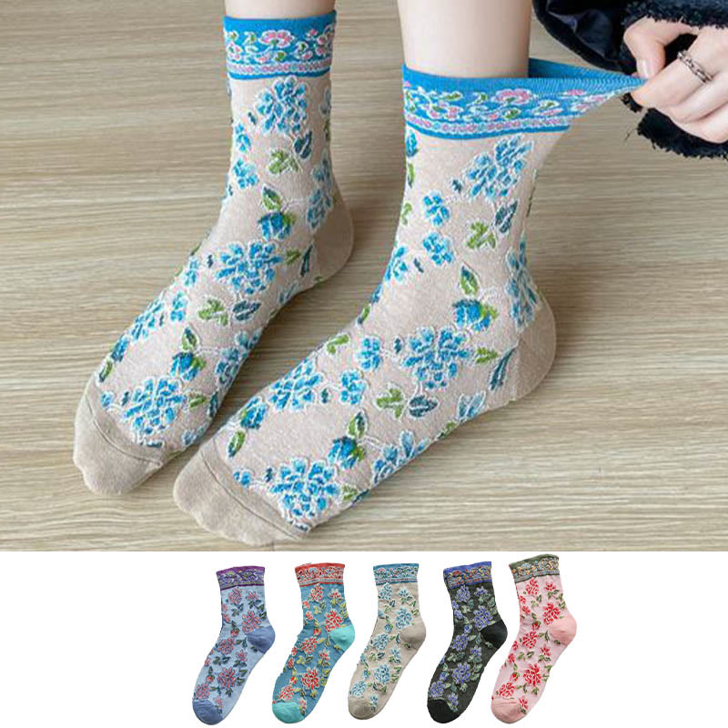 Floral Relief Quarter Socks(5 Pairs) - Multicolor - EU36-40(US3-7) - image 1
