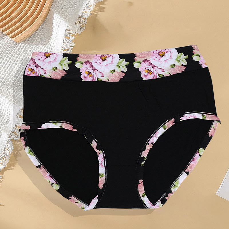 Plus Size Solid Color Floral Print Panty(6 Packs) - Black - 4XL - image 2
