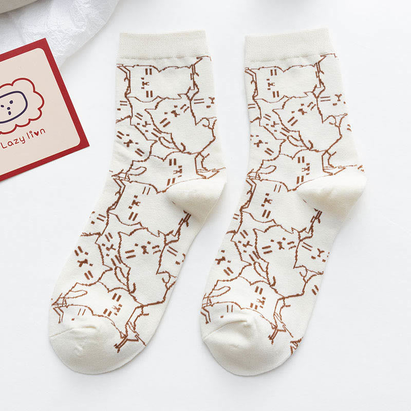 Line Cat Quarter Socks(5 Pairs) - Beige - EU36-40(US3-7) - image 11