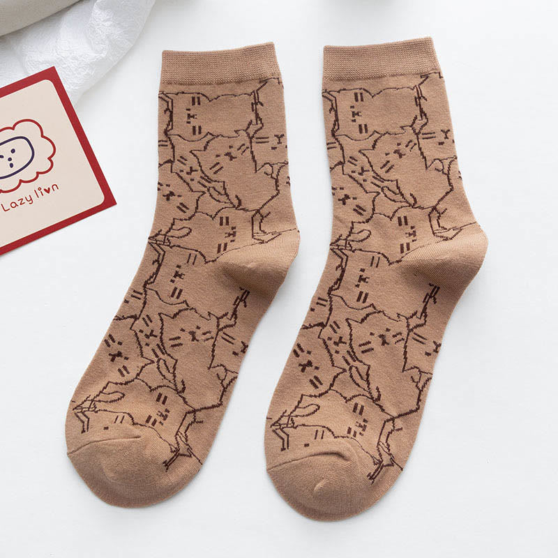 Line Cat Quarter Socks(5 Pairs) - Coffee - EU36-40(US3-7) - image 14