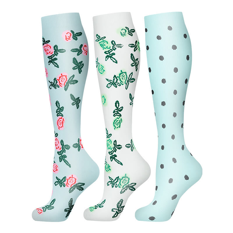 Flower Polka Dot Compression Socks(3 Pairs) - Multicolor - S/M - image 0