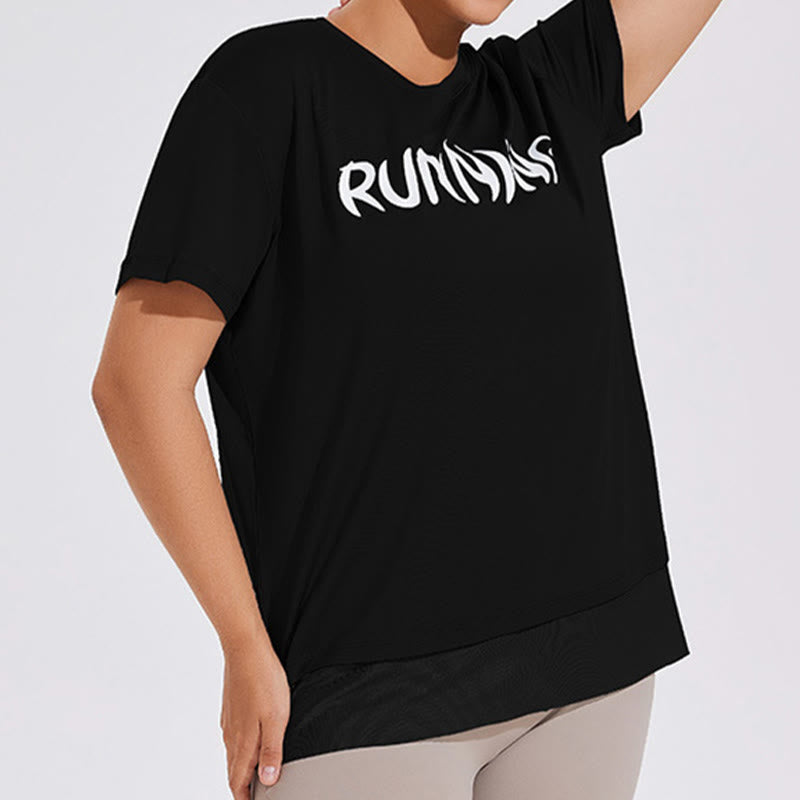Plus Size Mesh Splicing Loose Yoga Short Sleeves Shirt