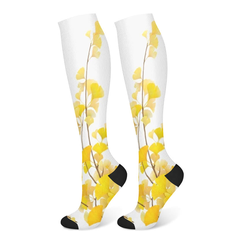 Ginkgo Leaf Plum Flower Compression Socks(3 Pairs) - Ginkgo Leaf(1 Pair) - S/M - image 3