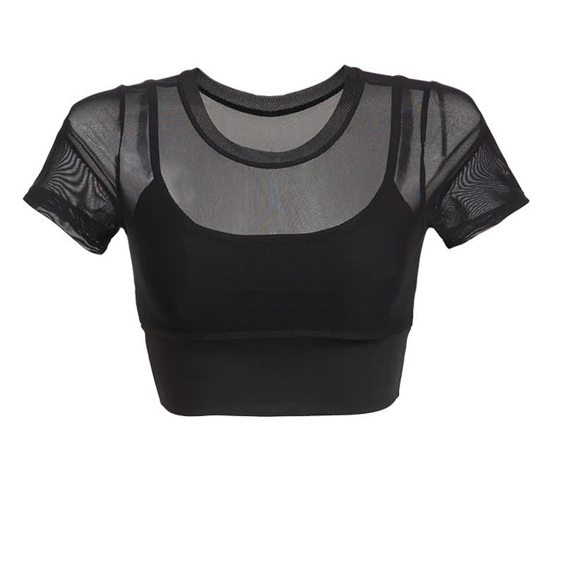 Plus Size Mesh Yoga Short Sleeves With Removable Chest Pad