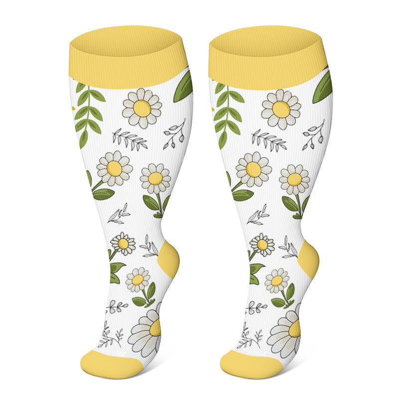 Plus Size Yellow Purple Flower Compression Socks