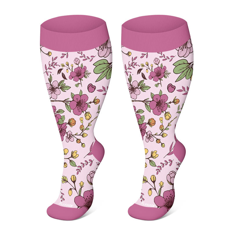 Plus Size Yellow Purple Flower Compression Socks