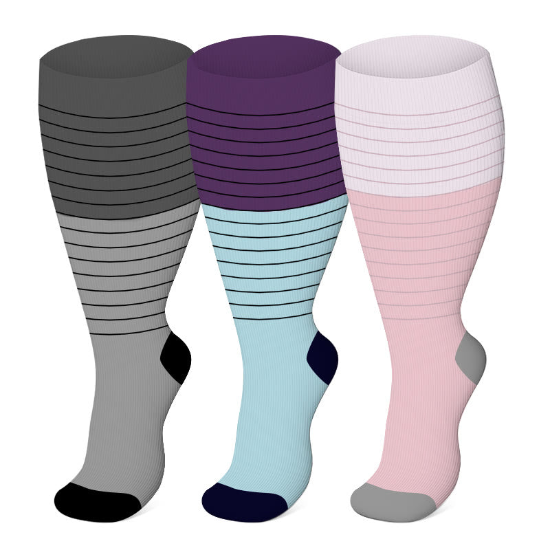 Plus Size Color Block Striped Compression Socks(3 Pairs)
