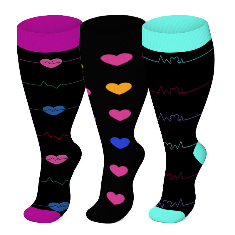 Electrocardiogram Heart Plus Size Compression Socks(3 Pairs)