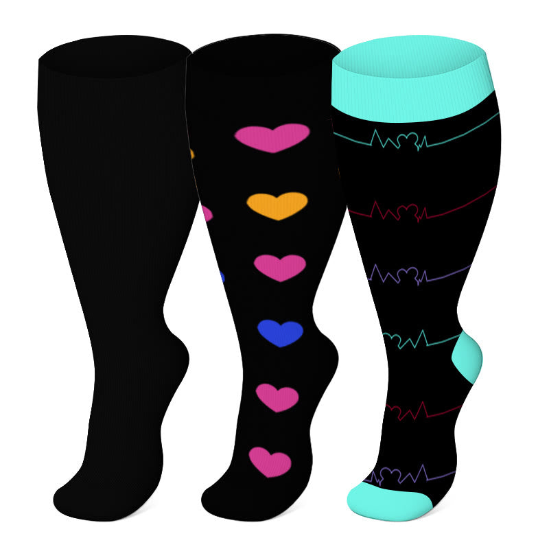Blue Electrocardiogram Black Heart Plus Size Compression Socks(3 Pairs)