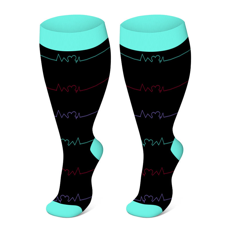 Blue Electrocardiogram Pattern Plus Size Compression Socks(3 Pairs)