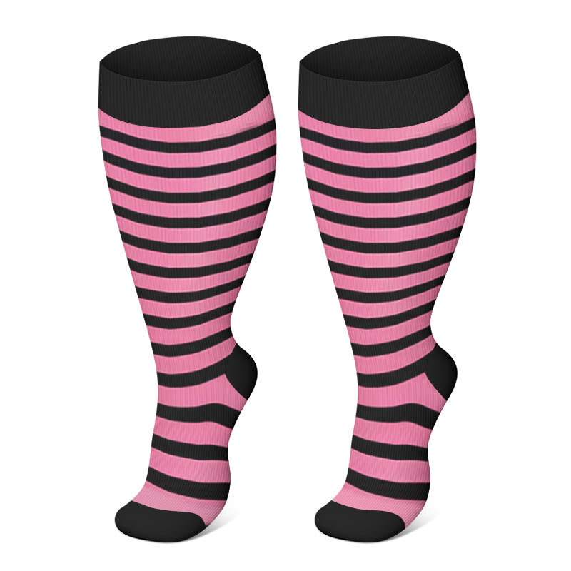 Plus Size Pink Blue Yellow Strieps Compression Socks(3 Pairs)