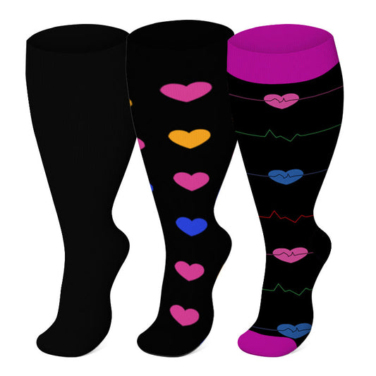 2XL-7XL Black Electrocardiogram Heart Plus Size Compression Socks(3 Pairs)