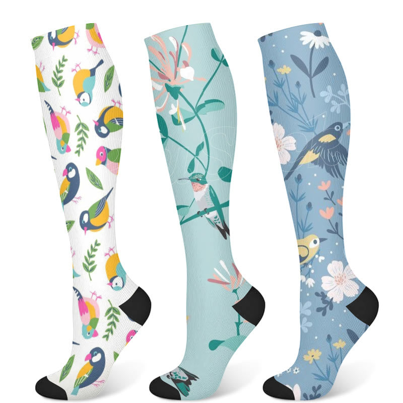 Bird Flower Compression Socks(3 Pairs) - Multicolor - S/M - image 2