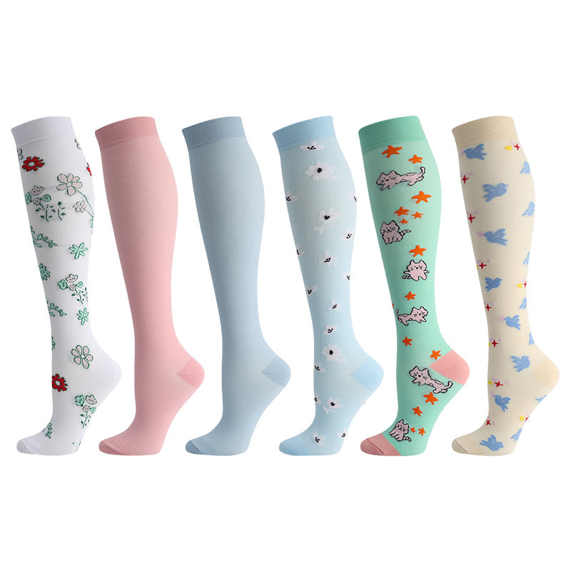 Cute Cat Bird Flowers Compression Socks(6 Pairs) - Multicolor - EU40-46(US7-12) - image 1