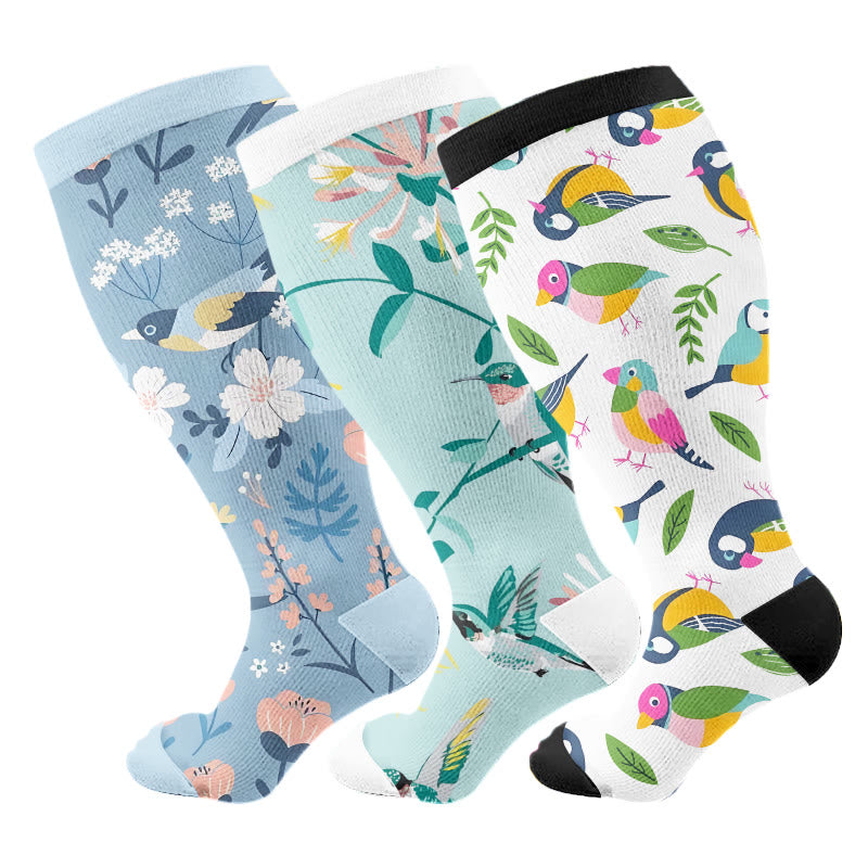 Plus Size Breezy Flower Bird Compression Socks(3 Pairs) - image 4