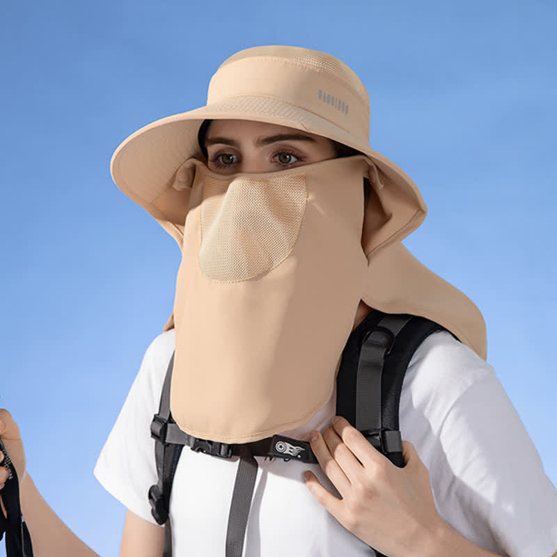Sun Protection Bucket Hat with Attached Face Scarf - Khaki - One Size - image 9