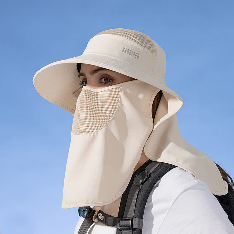 Sun Protection Bucket Hat with Attached Face Scarf - Beige - One Size - image 14