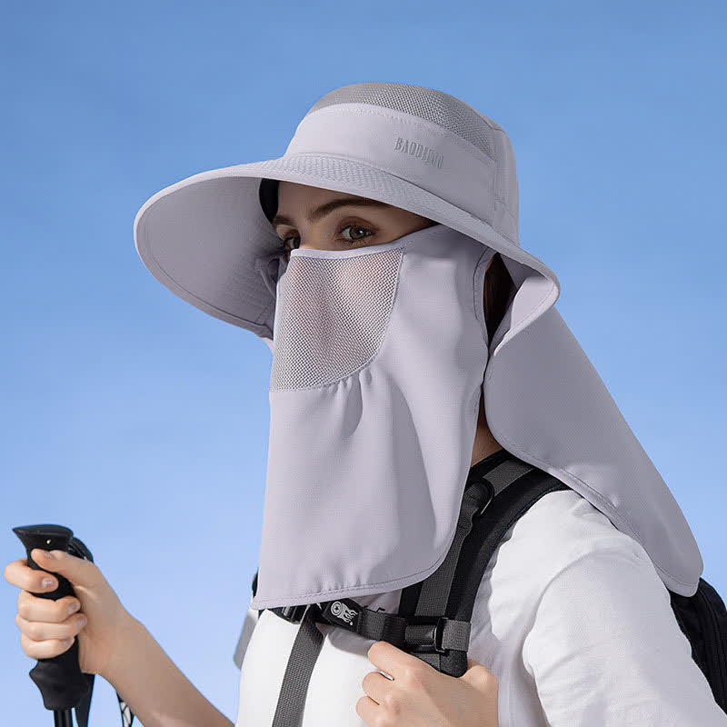 Sun Protection Bucket Hat with Attached Face Scarf - Grey - One Size - image 16