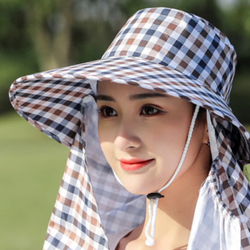 Mask Removable Plaid Pattern Sun Bucket Hat - image 11