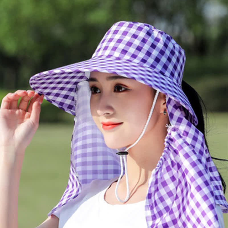 Mask Removable Plaid Pattern Sun Bucket Hat - image 5
