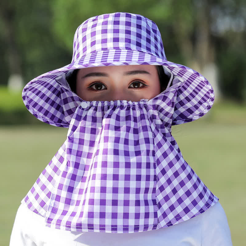 Mask Removable Plaid Pattern Sun Bucket Hat - Purple - One Size - image 3