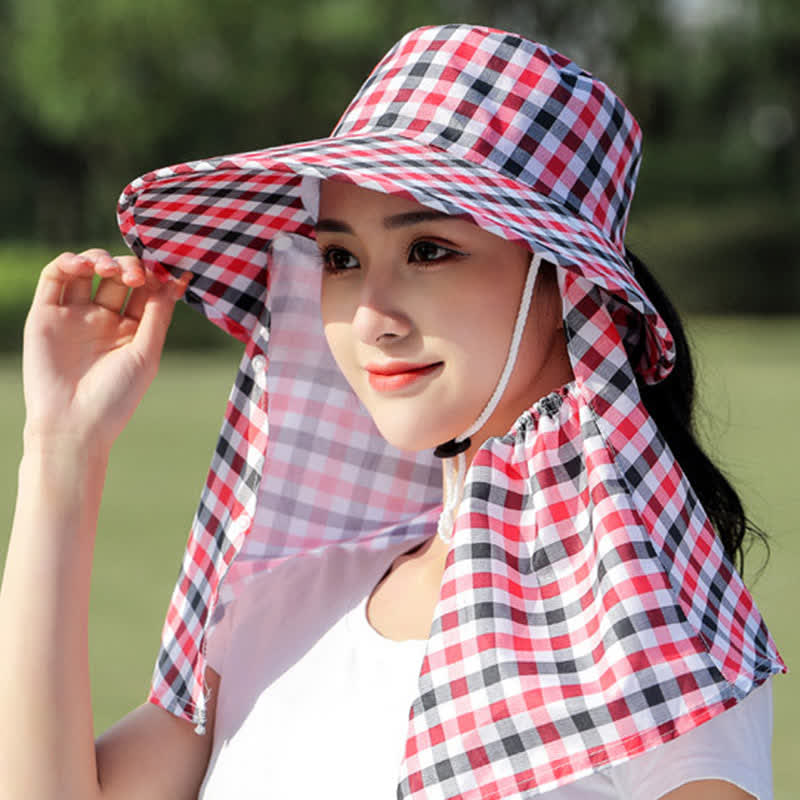 Mask Removable Plaid Pattern Sun Bucket Hat - image 1