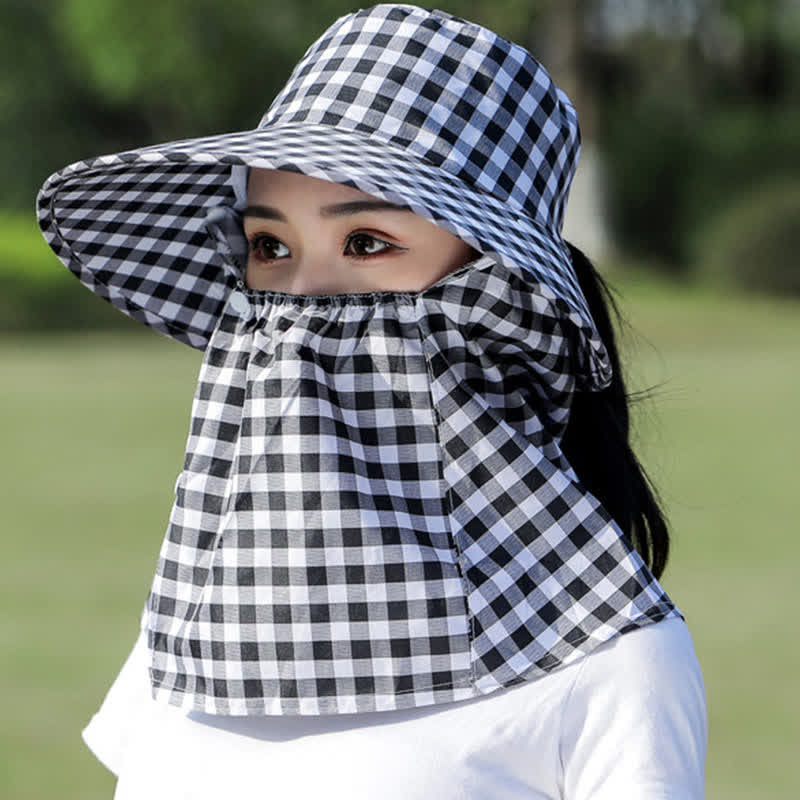 Mask Removable Plaid Pattern Sun Bucket Hat - Black - One Size - image 6