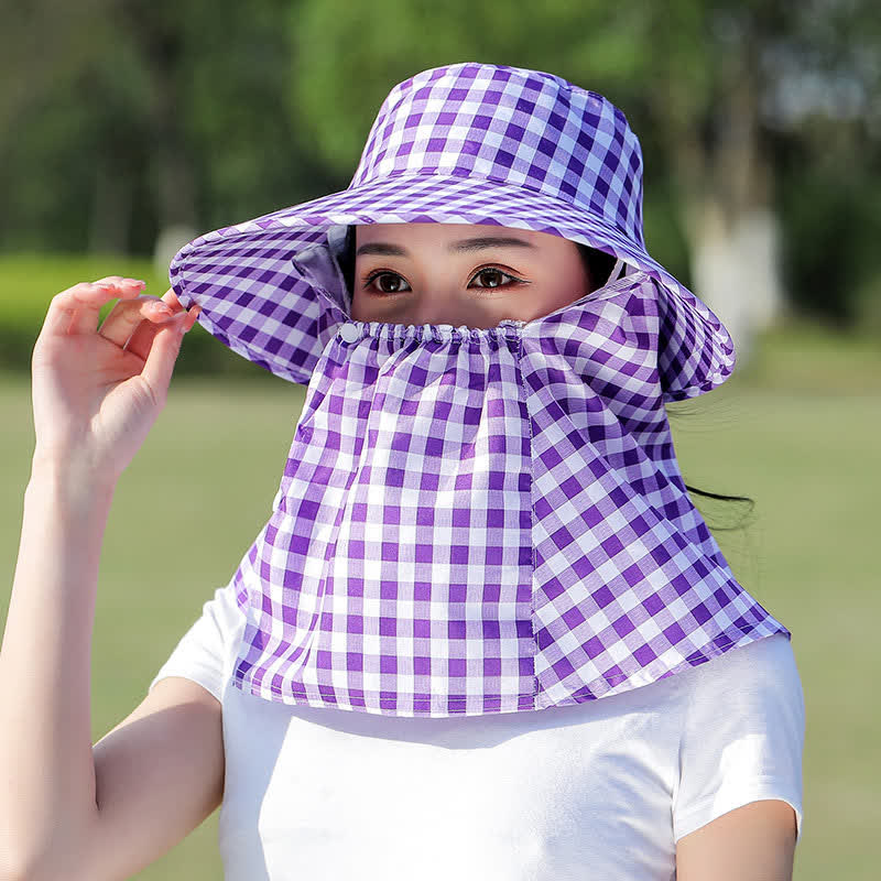 Mask Removable Plaid Pattern Sun Bucket Hat - image 4