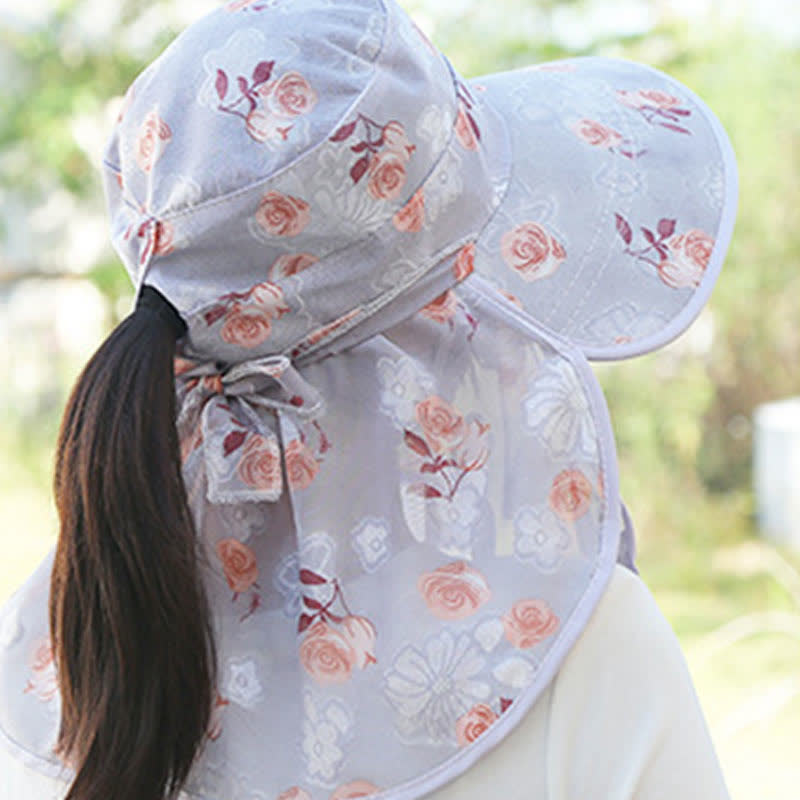 Rose Print Large Brim Shawl Mask Sun Hat - image 6