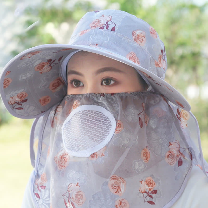 Rose Print Large Brim Shawl Mask Sun Hat - Grey - One Size - image 3